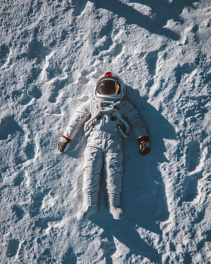 An astronaut lies on a snow-covered surface, arms outstretched, creating a snow angel.  The astronaut's spacesuit is pristine white, contrasting with the textured snow.  The scene is stark and serene, emphasizing the solitude of space exploration.  The astronaut's helmet is visible, adding to the sense of isolation and the vastness of the unknown.  The image evokes a feeling of peace and contemplation in a desolate landscape.
