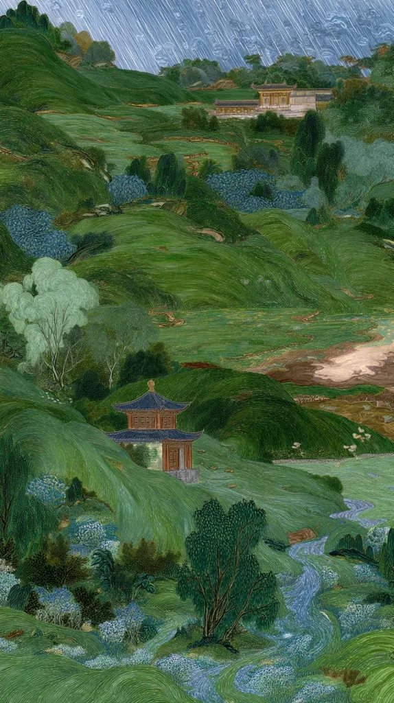 A serene landscape painting depicts a verdant hillside under a rain-swept sky.  Rolling green hills dotted with lush trees and flowering bushes descend towards a small stream winding through the valley.  A traditional Chinese pavilion sits nestled amongst the greenery, with a larger building visible in the distance. The artist’s meticulous brushwork creates a sense of depth and tranquility. The overall mood is one of peaceful contemplation within a natural setting.