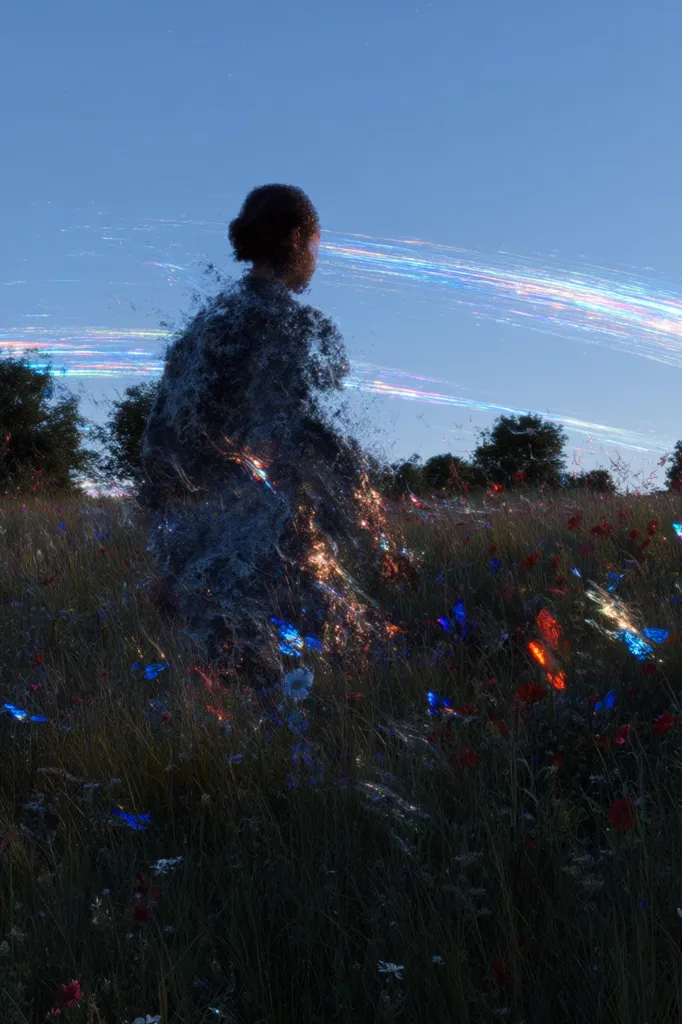 A surreal image depicts a person, seemingly dissolving into a field of wildflowers under a twilight sky.  Streaks of light, resembling star trails or energy, crisscross the scene, adding a dreamlike quality. The figure's form is partially obscured, blending with the vibrant, glowing flora. The overall mood is one of ethereal beauty and mystical transformation.