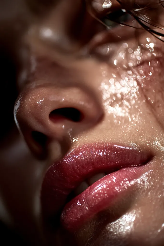 A close-up shot reveals a woman's face, glistening with moisture.  Her skin is dewy, reflecting light, particularly around her eyes and cheeks.  Her full lips are coated in glossy, rose-tinted lip gloss.  Dark strands of wet hair partially obscure her forehead. The overall impression is one of sensual beauty and radiant hydration.