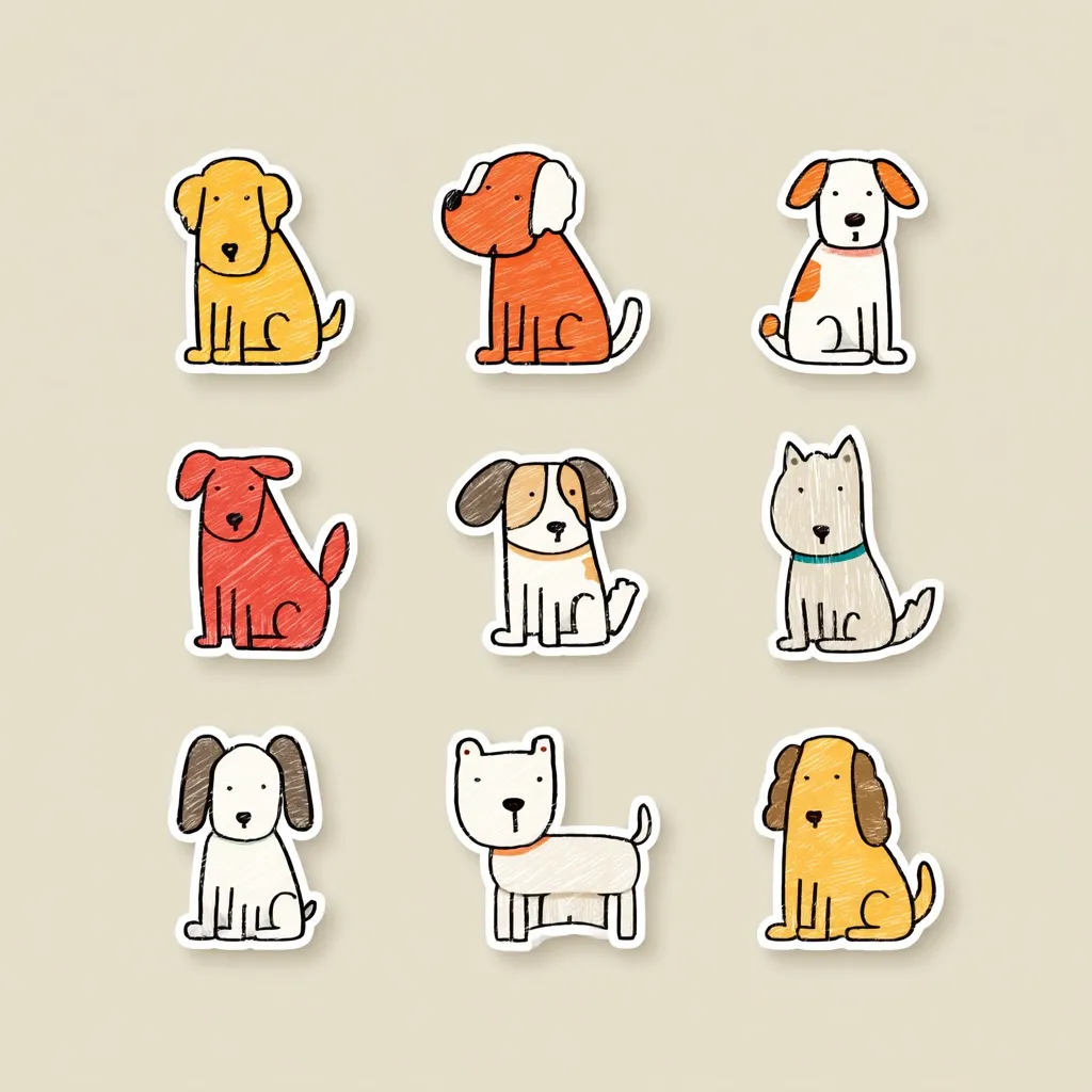 Nine adorable cartoon dogs in various breeds and colors are arranged in a grid.  Each dog is depicted in a simple, childlike style with textured shading.  They are presented on individual white stickers against a beige background, creating a fun and playful collection of dog illustrations.