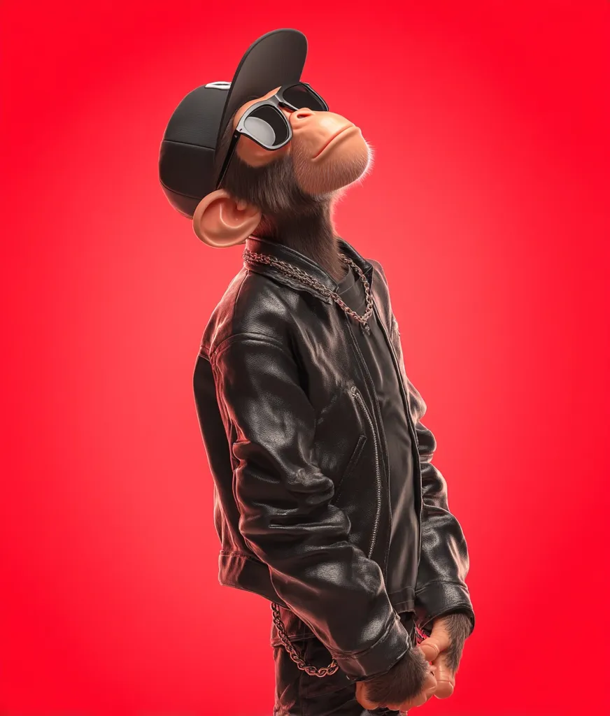 A cool chimpanzee, rendered in 3D, sports a black leather jacket, a baseball cap, and sunglasses.  The monkey is depicted against a vibrant red background, its posture suggesting a confident and stylish demeanor. The image is sharp, and the details of the clothing and the primate's features are clearly defined. The overall style is playful and modern.