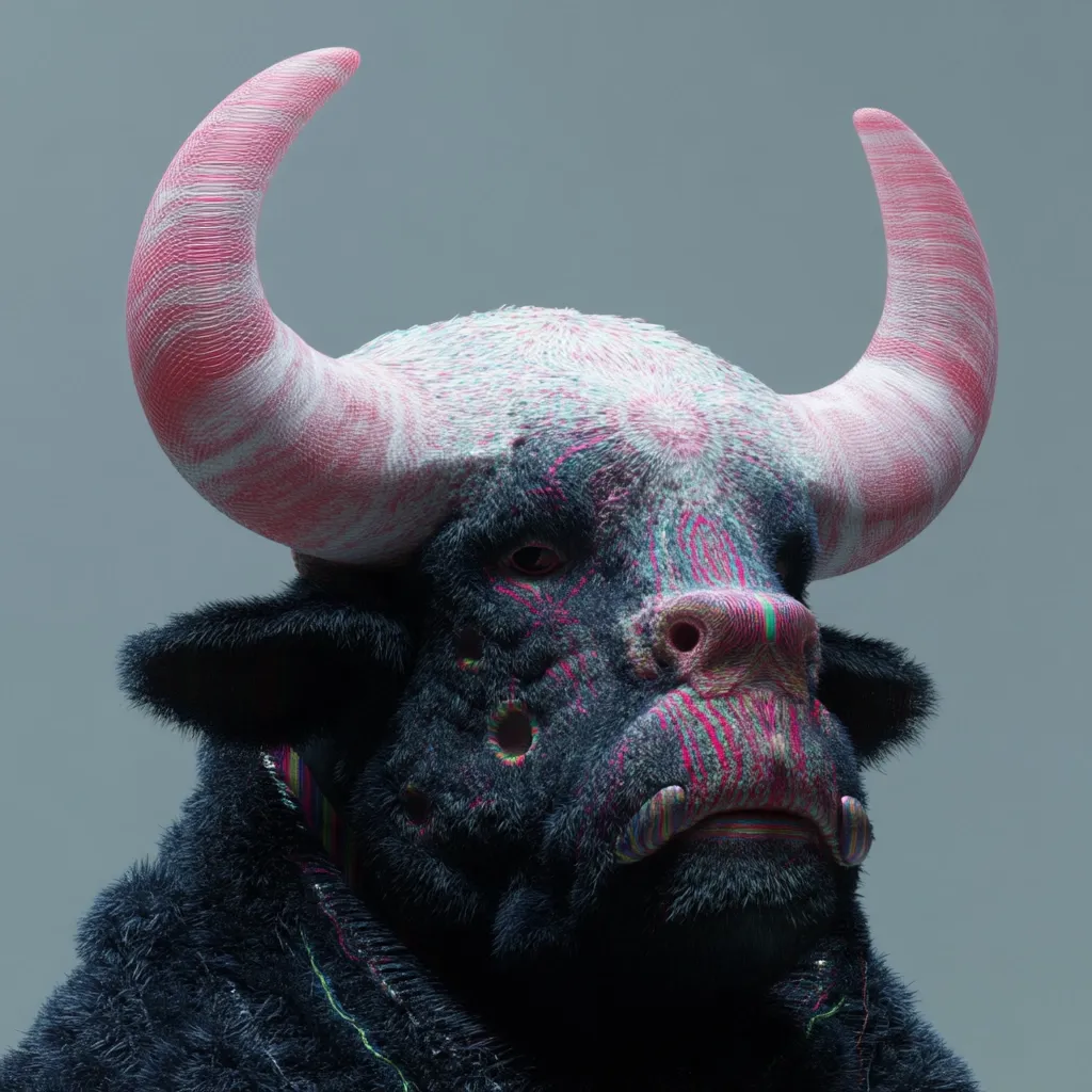 A close-up digital rendering depicts a stylized bull's head and shoulders.  Its fur is predominantly black, intricately detailed with vibrant, multicolored streaks.  Large, curved horns are a striking pink and white, adding to the creature's fantastical appearance. The bull's expression is serious, almost pensive.  The overall aesthetic is a blend of realism and surrealism.