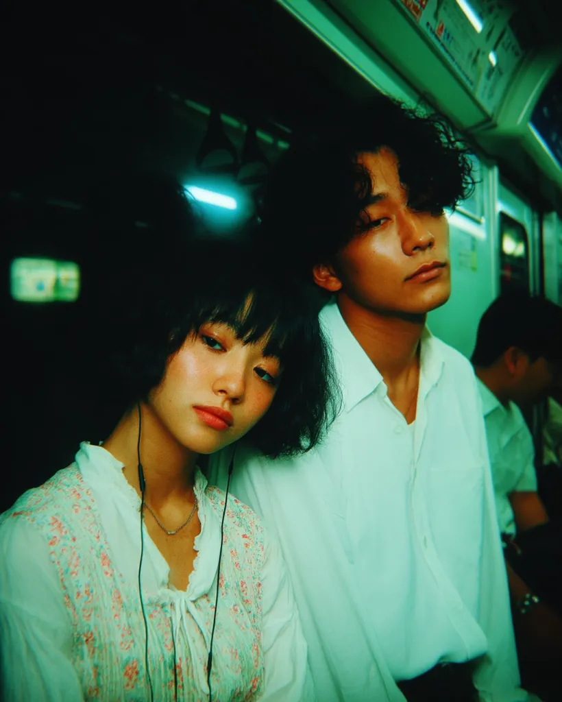 A young couple sits close together on a public transit vehicle, bathed in a teal-green light. The woman, with dark bobbed hair, wears a delicate floral blouse and earphones. The man, with dark, curly hair, is dressed in a crisp white shirt.  Their intimate proximity suggests a romantic relationship. The dimly lit background hints at a nighttime setting. The overall mood is serene and slightly melancholic.