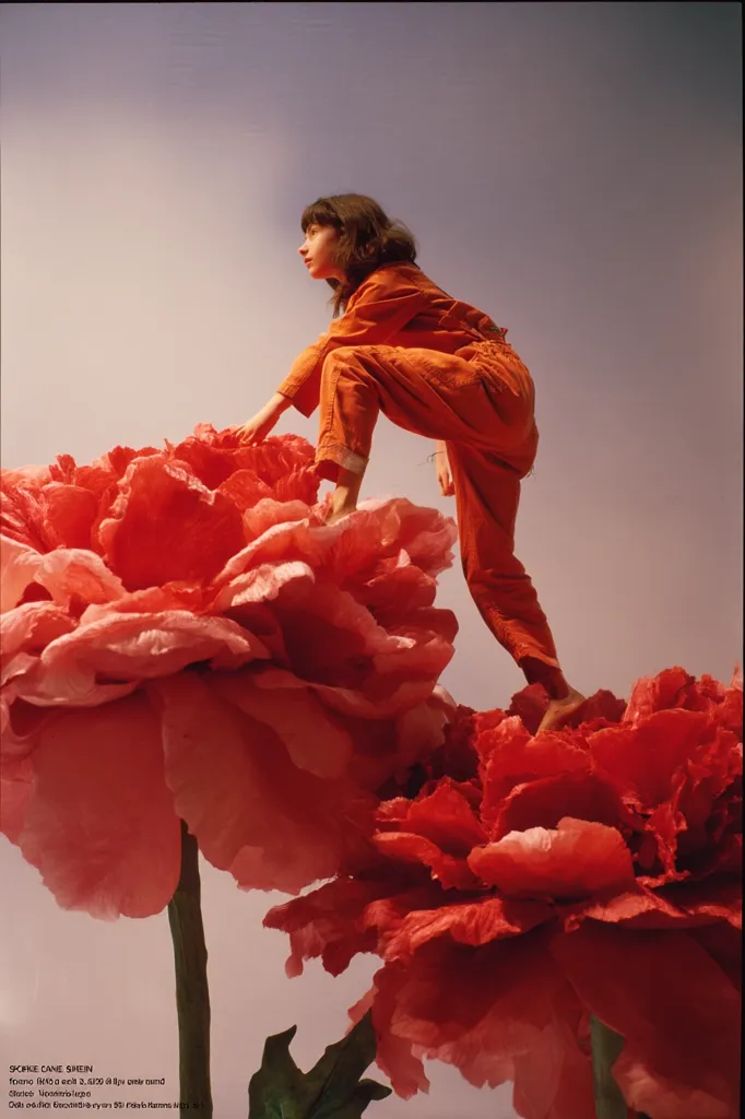 A young woman in an orange jumpsuit climbs atop enormous, vibrant red paper flowers.  The flowers are stylized and dramatically large, filling most of the frame. The background is a soft, muted purple.  The image has a surreal, dreamlike quality, highlighting the contrast between the human figure and the oversized floral elements.