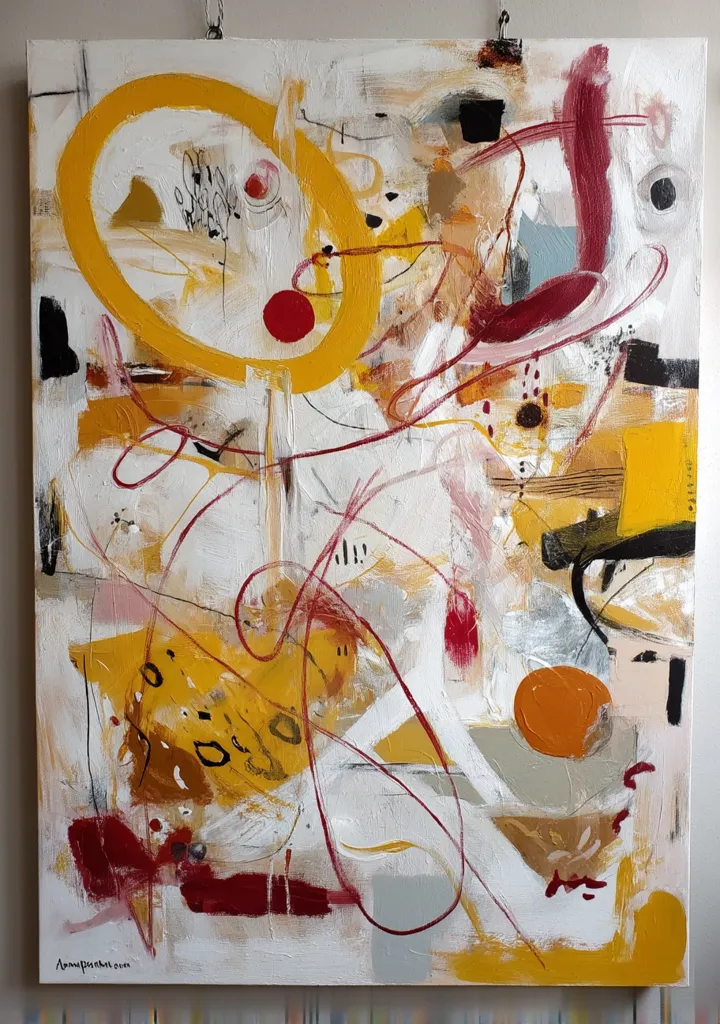 A vibrant abstract painting explodes with color and energy.  Dominated by a white background, bold strokes of yellow, red, and ochre create swirling, dynamic forms.  Circular and linear elements intertwine, suggesting movement and depth.  The artist's signature is subtly placed in the bottom left corner. The overall effect is one of joyous chaos and expressive freedom.