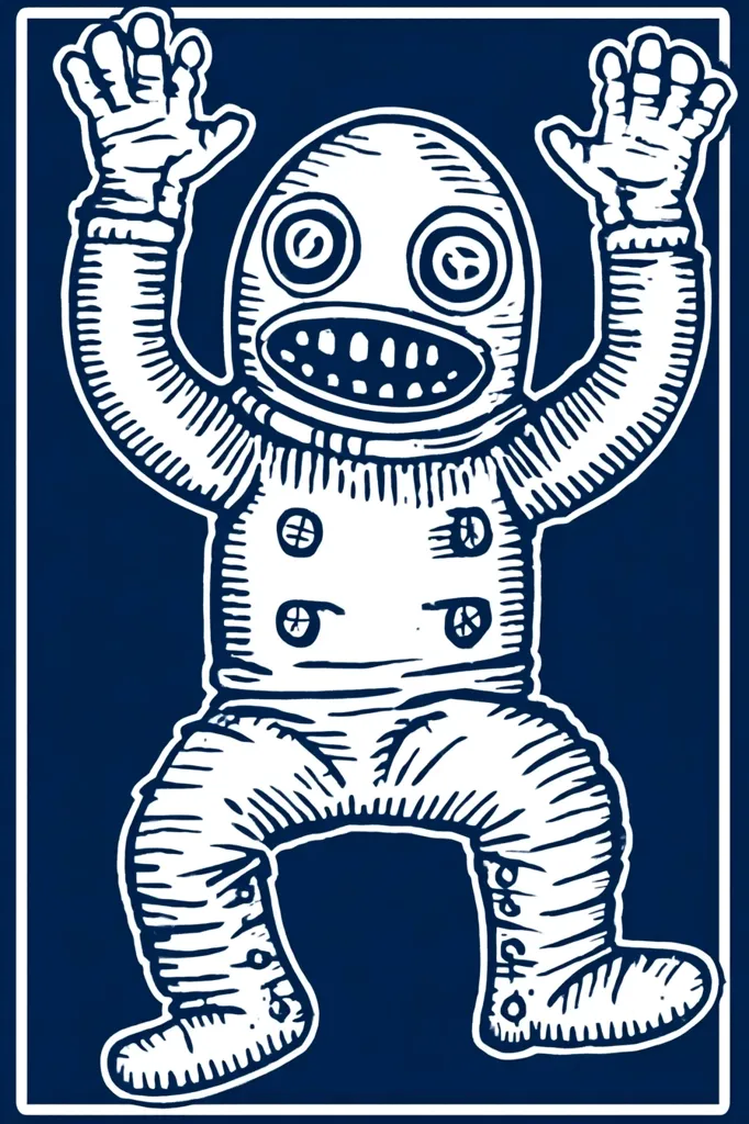 A whimsical, hand-drawn illustration depicts a creature resembling a large-eyed, grinning astronaut.  The figure is rendered in white on a deep blue background, with bold outlines and textured lines emphasizing its quirky features and bulky spacesuit. Its arms are raised in a playful, almost surprised posture. The style is reminiscent of vintage linocut prints or woodcuts.