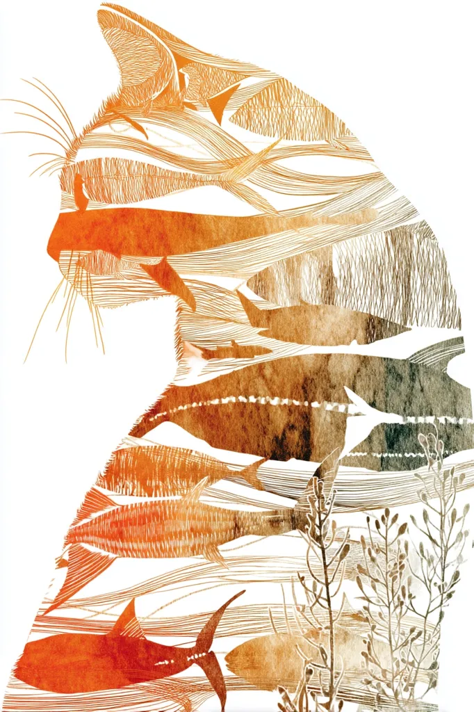 A stylized illustration depicts a cat's profile in warm orange and brown hues.  The cat's form is overlaid with intricate linework suggesting schools of fish and underwater plants, creating a layered effect.  The overall style is reminiscent of a print or etching, with a watercolor wash adding depth and texture. The image blends the terrestrial image of a cat with an aquatic scene.