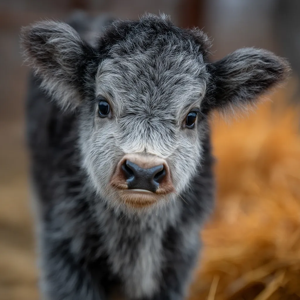 A close-up shot of a young, fluffy calf.  Its coat is predominantly grey and white, with darker grey patches.  Large, expressive eyes and a soft muzzle are prominent features. The calf appears curious, looking directly at the camera.  It stands in a blurry background suggesting a barn or farm setting with hay.