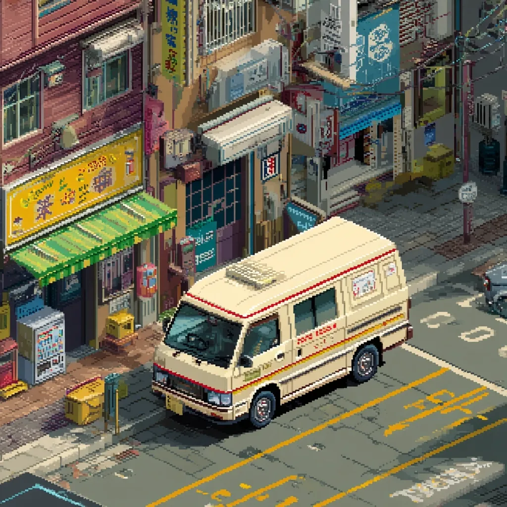 A pixel art illustration depicts a bustling Asian street scene.  A beige delivery van is parked on a street corner, near shops with vibrant awnings and signage in a foreign language.  The buildings are densely packed, showcasing a vibrant and busy atmosphere.  The overall style is reminiscent of retro video games, with clear pixelated details.