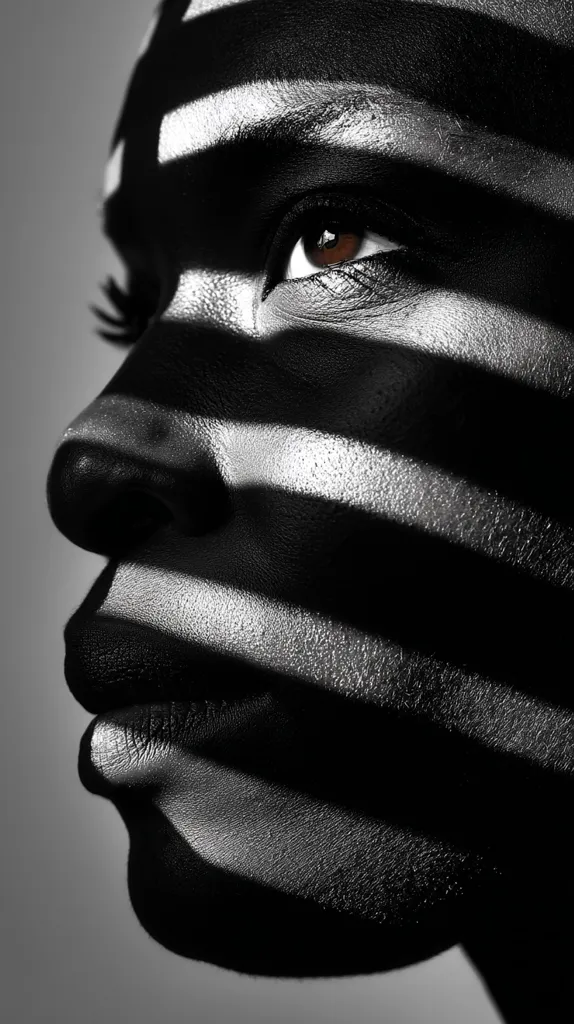 A close-up, black and white profile shot of a woman's face.  Her skin is adorned with bold, silver striped makeup, creating a striking visual contrast.  The lighting accentuates the texture of the makeup and the contours of her face, focusing attention on her expressive eye and full lips.  The overall effect is one of dramatic beauty and artistic expression.
