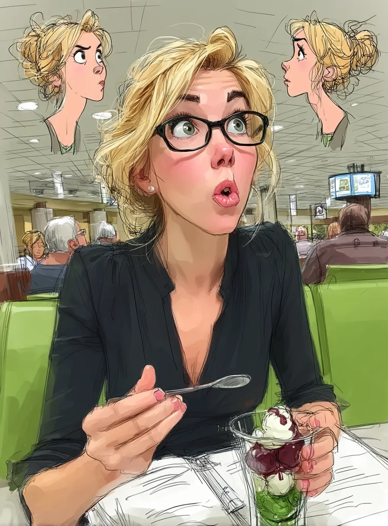 A stylized illustration depicts a young woman with blonde hair and glasses, seated in a restaurant.  She looks surprised, possibly at a mental image of herself in two exaggerated cartoon styles shown above her.  She holds a spoon and a dessert cup, seemingly about to take a bite. The background suggests a modern, airy public space with other patrons visible. The art style is loose and expressive, blending realism with cartoon elements.