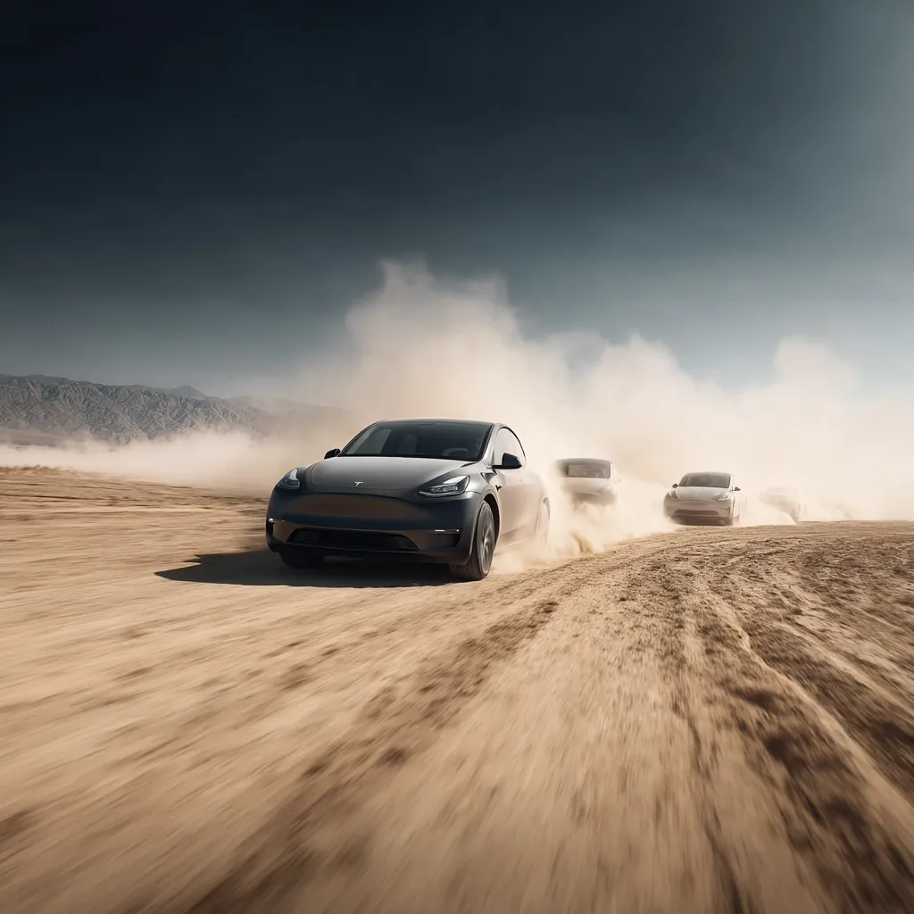 A dark gray Tesla Model Y leads a convoy of Tesla vehicles across a dusty desert landscape.  The cars kick up significant dust clouds as they speed along the sandy track, mountains visible in the background under a partly cloudy sky. The image evokes a sense of adventure and the power of electric vehicles.