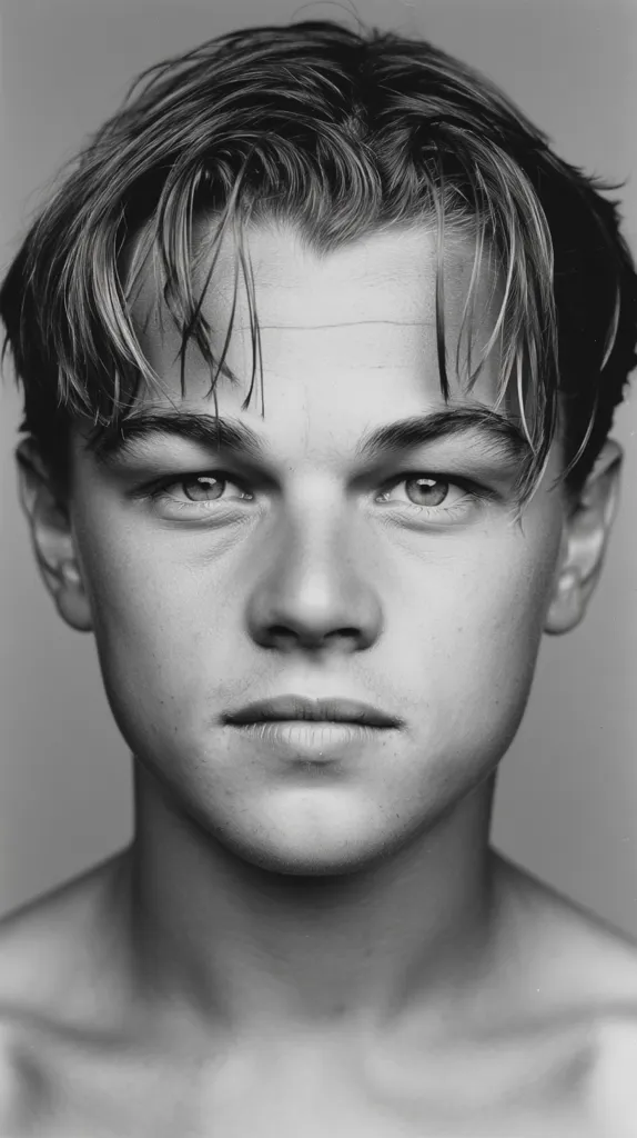 A black and white close-up portrait of a young Leonardo DiCaprio.  His hair is styled with a slightly wet look, falling across his forehead.  His expression is serious and intense, his gaze directly at the camera. The photograph emphasizes his youthful features and striking bone structure. The image is simple, focusing solely on the subject against a plain background.
