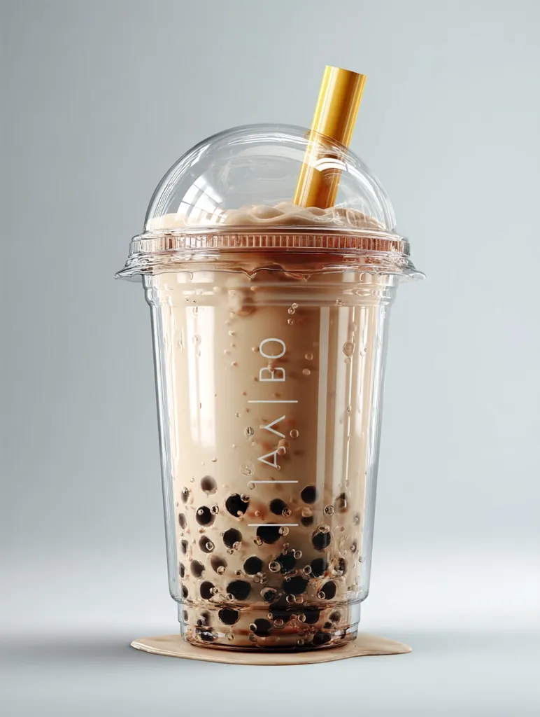 A clear plastic cup filled with boba tea sits on a light gray surface.  The tea is light brown, and numerous tapioca pearls are visible at the bottom. A yellow straw sticks out from the top, which has a clear plastic dome lid. The cup has subtle branding on its side.  A small amount of liquid has spilled onto the surface beneath the cup.