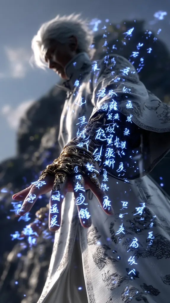 A man with silver hair, wearing an ornate white robe, stands against a blurred mountain backdrop.  Glowing blue characters, resembling Chinese script, emanate from his outstretched hand and flow around him.  The scene is dramatic, suggesting mystical powers or ancient magic.  His expression is serious and intense. The overall aesthetic is both fantastical and elegant.