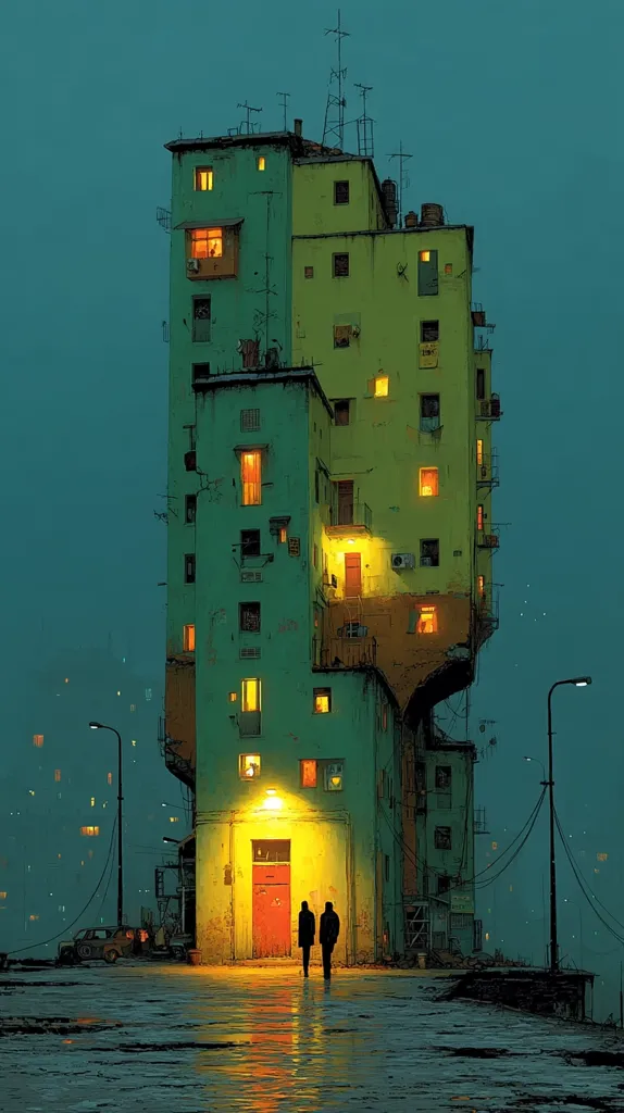 A stylized illustration depicts a multi-story building at night, illuminated by warm interior lights contrasting the cool teal twilight.  Two figures walk towards a bright red doorway, their silhouettes stark against the building's glowing facade.  The scene evokes a feeling of quiet solitude in a dense, urban environment.  Streetlights cast a soft glow on the wet pavement.