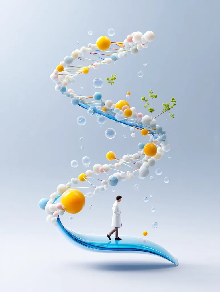 A miniature scientist walks along a translucent blue wave.  Above, a stylized DNA double helix spirals, composed of colorful spheres and connected by thin strands.  Bubbles float around the DNA, and small green plants sprout near its end, suggesting growth and scientific discovery in a clean, minimalist setting. The overall image evokes a sense of scientific advancement and the exploration of life's building blocks.