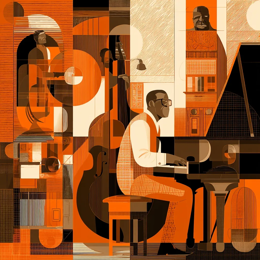 A vibrant, geometric illustration depicts a jazz ensemble.  A pianist, centrally positioned, sits at a grand piano, his attire rendered in textured orange and beige.  A double bass and another musician are partially visible, incorporated into the bold, abstract composition.  The background features architectural elements and a portrait, all contributing to a rich, layered effect in warm orange tones. The style is reminiscent of mid-century modern art.