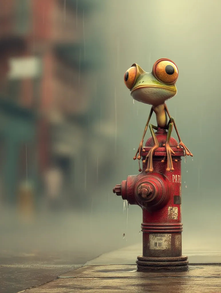 A charming 3D-rendered image depicts a cartoon frog perched atop a rain-slicked fire hydrant.  Rain falls softly in the blurry background of a city street. The frog's large, expressive eyes and the hydrant's weathered appearance create a whimsical, almost melancholic mood.  Water droplets cling to the frog and hydrant, emphasizing the rainy setting.