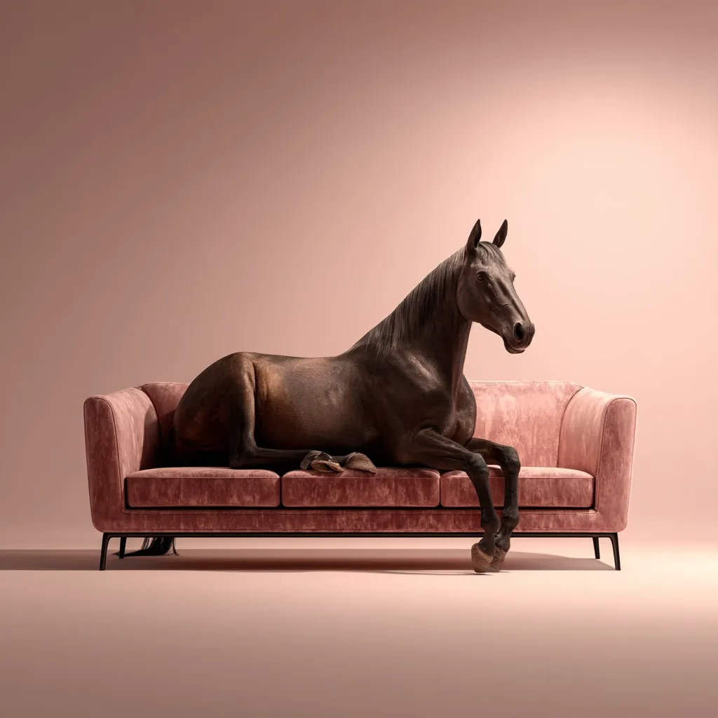 A dark brown horse is comfortably lounging on a blush-pink velvet sofa against a muted pink backdrop. The horse's posture is relaxed, its legs draped over the sofa's edge.  The scene is surreal and minimalist, highlighting the unexpected juxtaposition of the animal and the domestic furniture. The overall mood is calm and subtly humorous.
