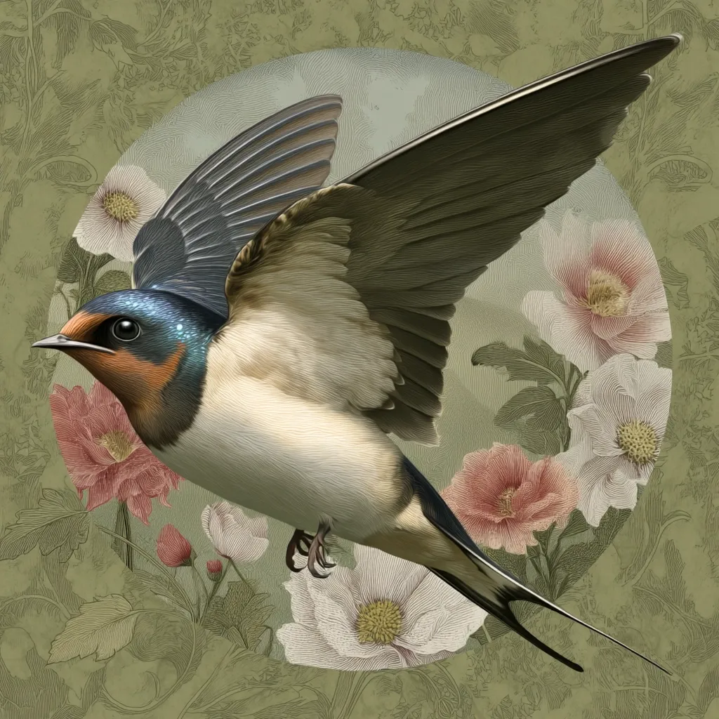 A barn swallow in flight is depicted in exquisite detail, its wings outstretched against a backdrop of delicately rendered flowers.  The bird's plumage is meticulously illustrated, showcasing its vibrant colors and textures.  The circular composition, framed by an ornate floral pattern, enhances the image's artistic appeal, creating a sense of elegance and timeless beauty.  The overall style evokes a vintage or botanical illustration.