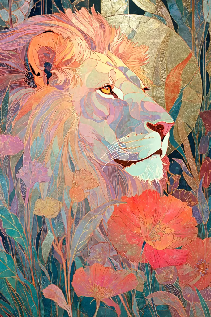 A stylized illustration depicts a lion's head and mane in soft, pastel colors, overlaid with intricate linework.  The lion is positioned among vibrant, stylized flowers, primarily poppies in shades of orange and red, with teal and purple foliage forming a lush background.  The artwork blends realism with a painterly, almost stained-glass effect, creating a serene and slightly mystical atmosphere.