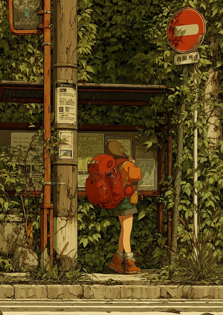 A young woman with a large red backpack stands at a weathered bus stop, studying a map. Lush green foliage surrounds the dilapidated structure, obscuring the view beyond.  A "no entry" sign is visible, adding to the secluded atmosphere. The scene is rendered in a painterly style with muted earth tones, evoking a sense of quiet contemplation and journey.