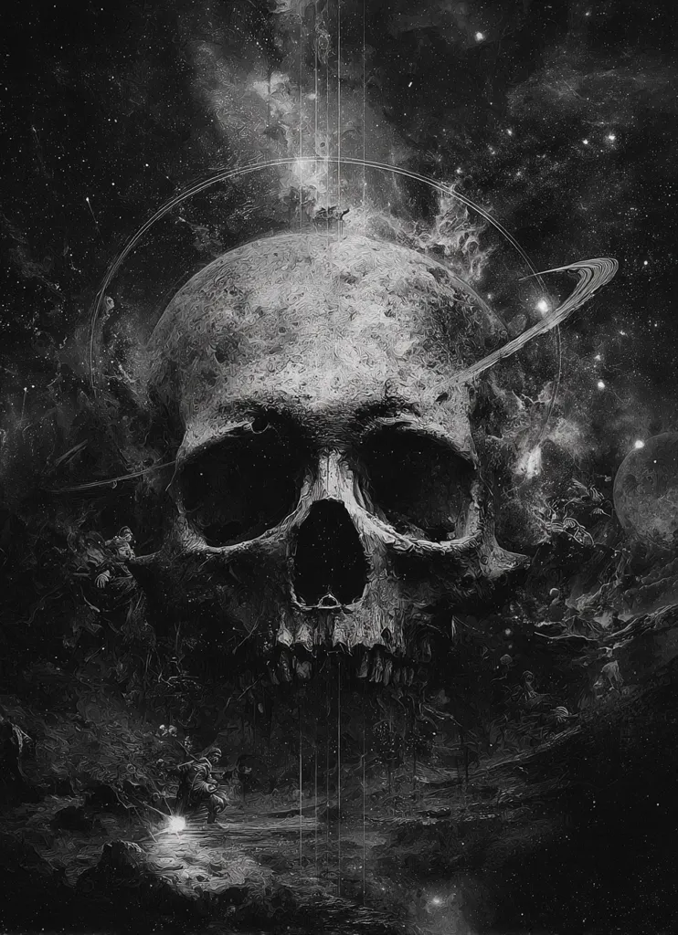A monochrome digital artwork depicts a massive skull dominating the foreground, resembling a planet with a ring system against a cosmic backdrop.  The skull's detailed texture contrasts with the swirling nebulae and distant celestial bodies.  Small, indistinct figures populate a dark, desolate landscape at the skull's base, creating a sense of scale and ominous atmosphere.  Vertical streaks suggest dripping or falling elements, enhancing the overall dark and moody aesthetic.