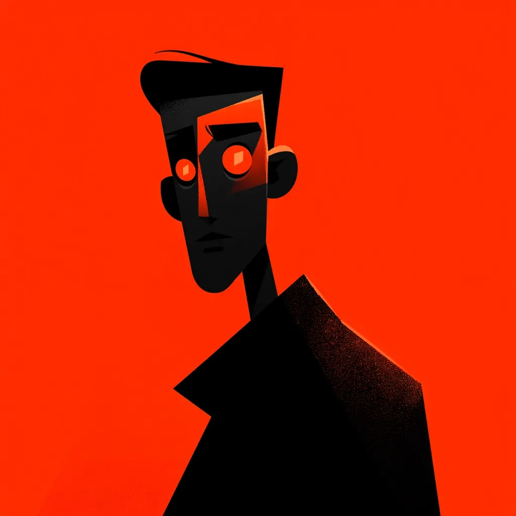 A stylized portrait of a man against a vibrant red background.  His features are sharply defined, angular, and dark, contrasting with the bright backdrop.  His eyes are highlighted with intense orange, creating a striking visual effect. The overall style is geometric and minimalist, suggesting a sense of mystery or intensity.  He is dressed in a dark, collared garment.