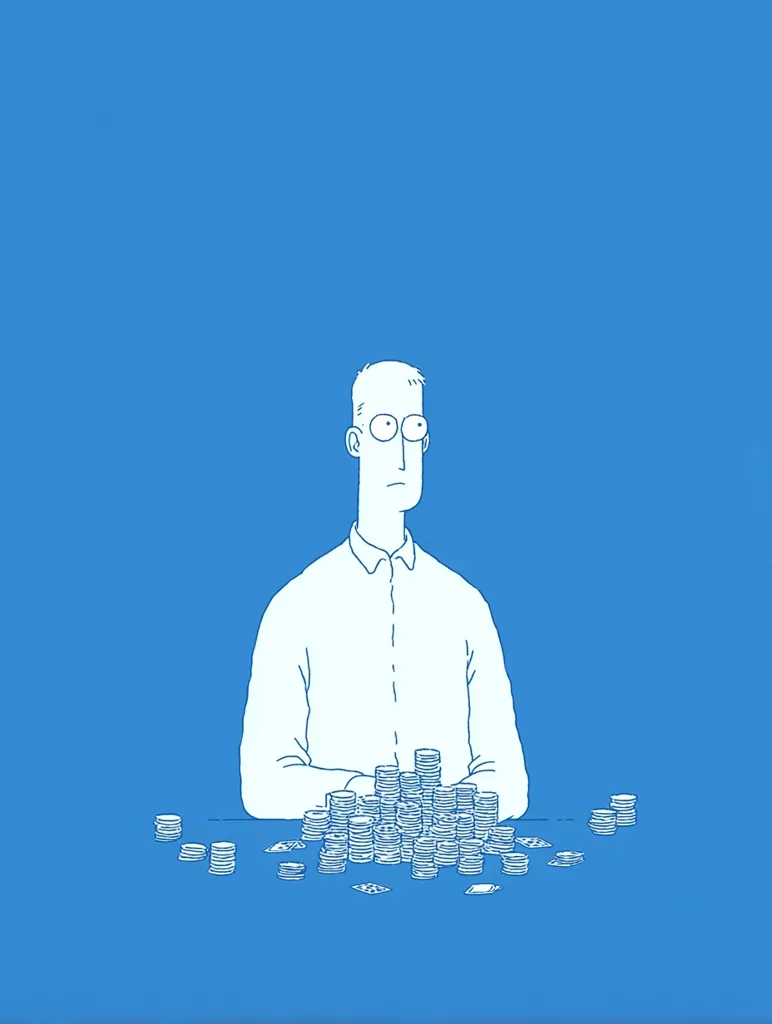 A minimalist line drawing depicts a man with glasses sitting at a table. Before him sits a large pile of coins, suggesting wealth or a large sum of money.  The man's expression is neutral, perhaps indicating indifference or anxiety towards his accumulated riches. The overall color scheme is a simple, light blue.