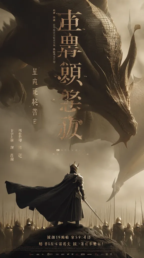 A dramatic movie poster depicts a lone knight in dark armor and a flowing cape, standing defiantly before a massive, menacing dragon.  An army of soldiers stands behind him, facing the looming threat. The title, written in stylized Asian characters, suggests epic scale and conflict.  The overall tone is dark and ominous, hinting at a fantasy battle. The release date is visible at the bottom.
