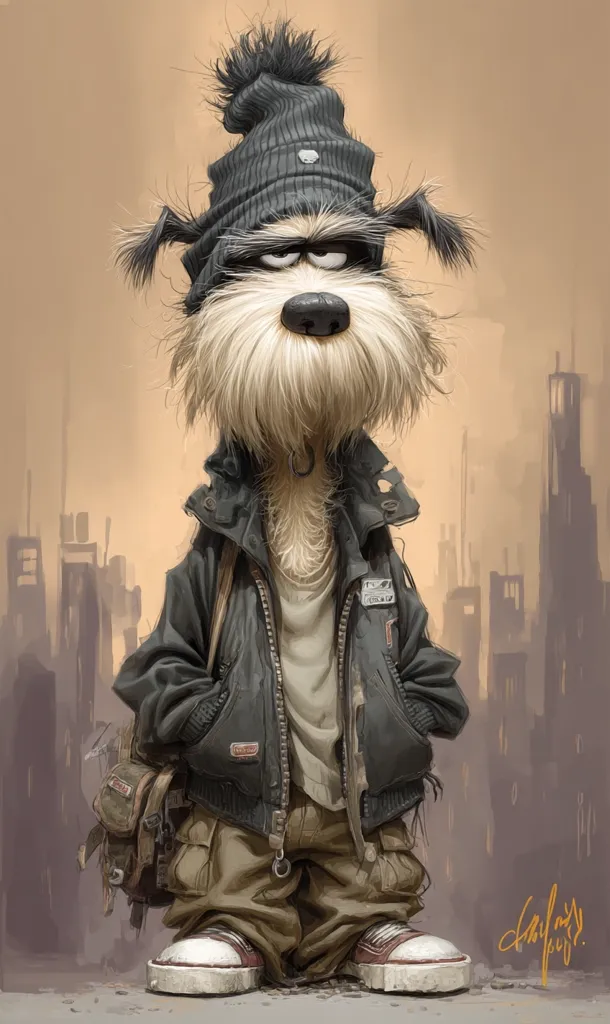 A digital painting of an anthropomorphic dog, styled as a street tough.  The scruffy, white-haired dog wears a black beanie, bomber jacket, cargo pants, and sneakers.  He carries a small bag and has a serious, almost grumpy expression. The background suggests a gritty urban cityscape. The overall style is whimsical yet slightly edgy.