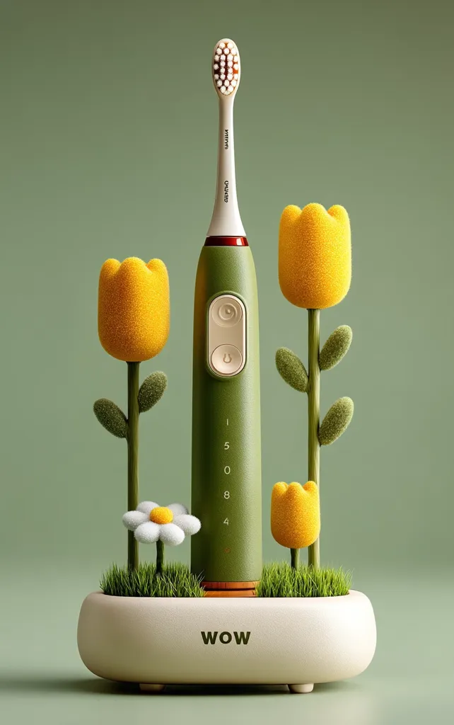 A green electric toothbrush stands in a small, cream-colored pot adorned with miniature, fuzzy yellow tulips, a daisy, and a patch of grass.  The pot's base is inscribed with "WOW." The image presents a whimsical and aesthetically pleasing contrast between the everyday object and the stylized floral arrangement. The overall tone is calming and subtly playful.