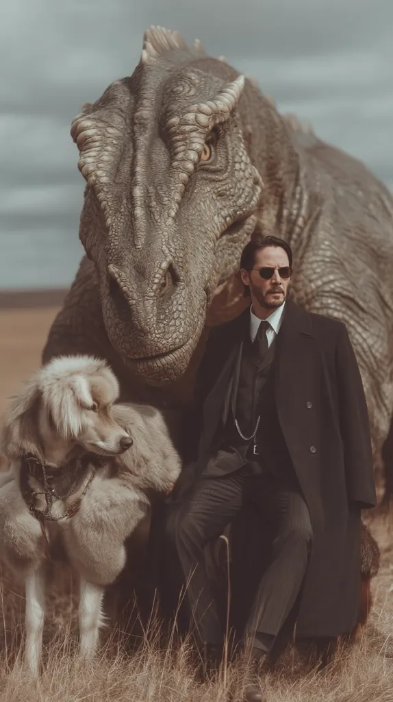 A man in a sharp suit and sunglasses sits alongside a large dinosaur and a fluffy dog. The scene is set outdoors in a field of dry grass under a cloudy sky. The man exudes a sense of calm sophistication, contrasting with the prehistoric presence of the dinosaur.  The image has a vintage, almost surreal quality.