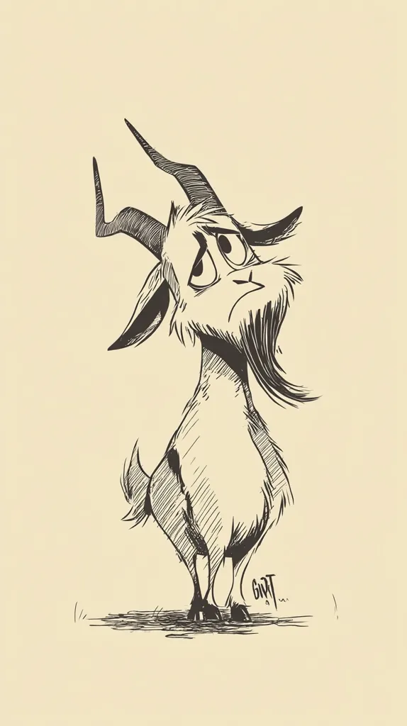 A stylized ink drawing of a goat, depicted in a pensive pose.  The goat is rendered with expressive, slightly melancholic features, large eyes, and a prominent beard. Its long, curved horns arc elegantly backward. The style is reminiscent of cartoon illustration, with a focus on line work and shading to create texture and depth. The goat stands on a simple, lightly shaded ground.