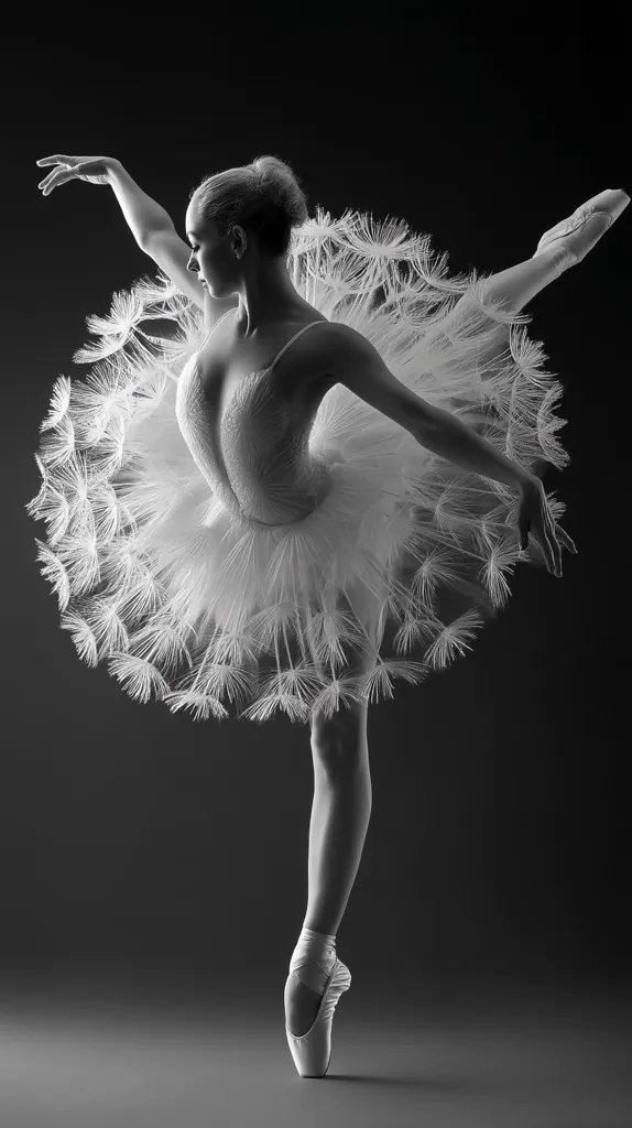A ballerina, captured in a monochrome photograph, gracefully balances on one pointe shoe.  Her white tutu, adorned with delicate feather-like details, creates a striking contrast against the dark background.  Her elegant posture and poised expression convey both strength and serenity, showcasing the artistry and athleticism of ballet. The image is a powerful visual representation of dance.