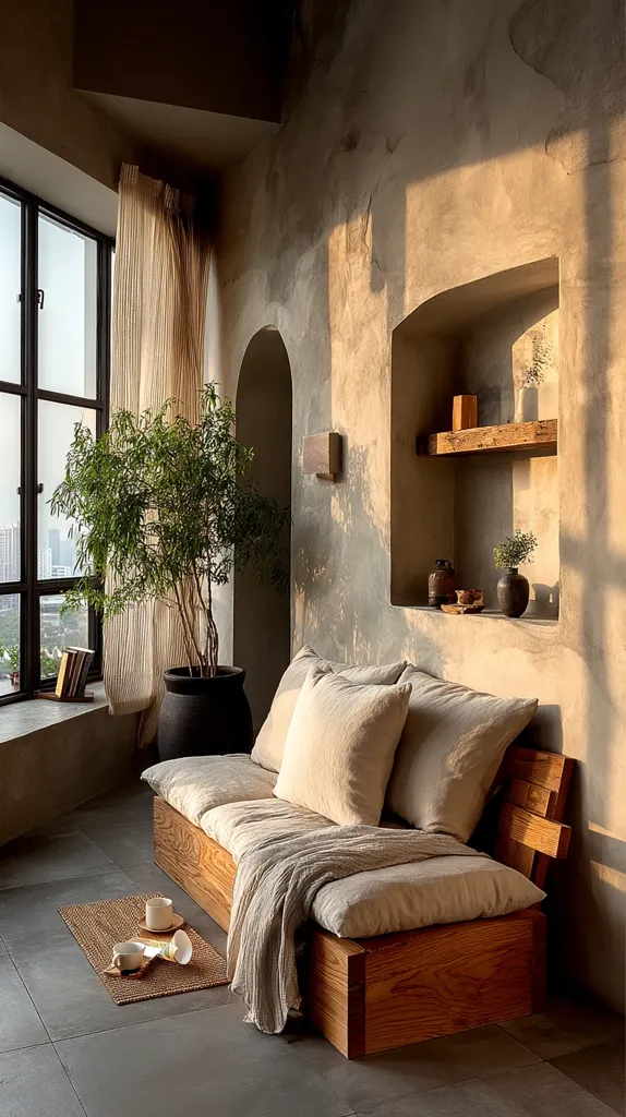 A sun-drenched room features a low, wooden platform sofa with linen cushions, positioned near a large window with sheer curtains.  A potted plant adds greenery to the space. The walls are textured with a rustic plaster finish, incorporating alcoves with wooden shelves displaying simple decor.  A natural woven mat lies on the floor, with two teacups resting on it, creating a tranquil and minimalist atmosphere.