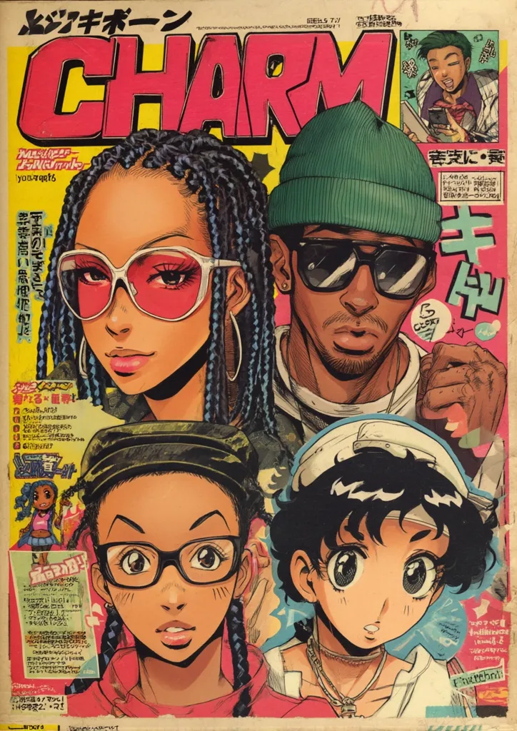 A vibrant magazine cover features stylized anime-inspired portraits of three young people, two women and a man, against a bold yellow and pink background.  The title "CHARM" is prominently displayed in a retro font. The characters are depicted in fashionable attire, showcasing a blend of hip-hop and anime aesthetics. The cover includes Japanese text, suggesting a Japanese publication.
