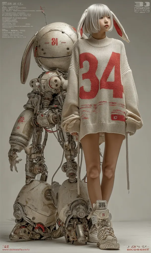 A young woman in a large, cream-colored sweater with "34" printed on it stands next to a weathered, mechanical rabbit. The robot is intricately detailed, with exposed gears and wires, giving it a steampunk aesthetic. The contrast between the soft, human element and the hard, mechanical one creates a striking visual. The overall image is stylish and futuristic, suggestive of a blend of technology and fashion.