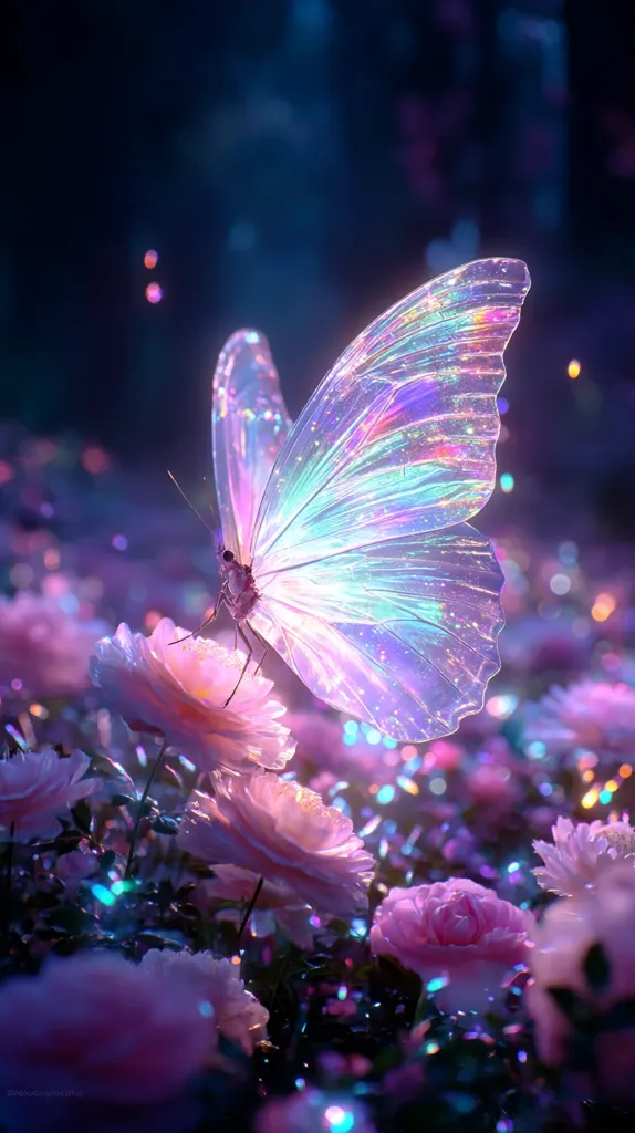 A digitally created image shows a luminous, iridescent butterfly with translucent wings delicately perched on a soft pink flower.  Surrounding it is a field of similar blossoms, all bathed in a magical, ethereal glow.  The scene is filled with sparkling particles, enhancing the dreamlike, fantasy atmosphere. The overall color palette is predominantly soft pinks and purples, creating a captivating and enchanting visual.