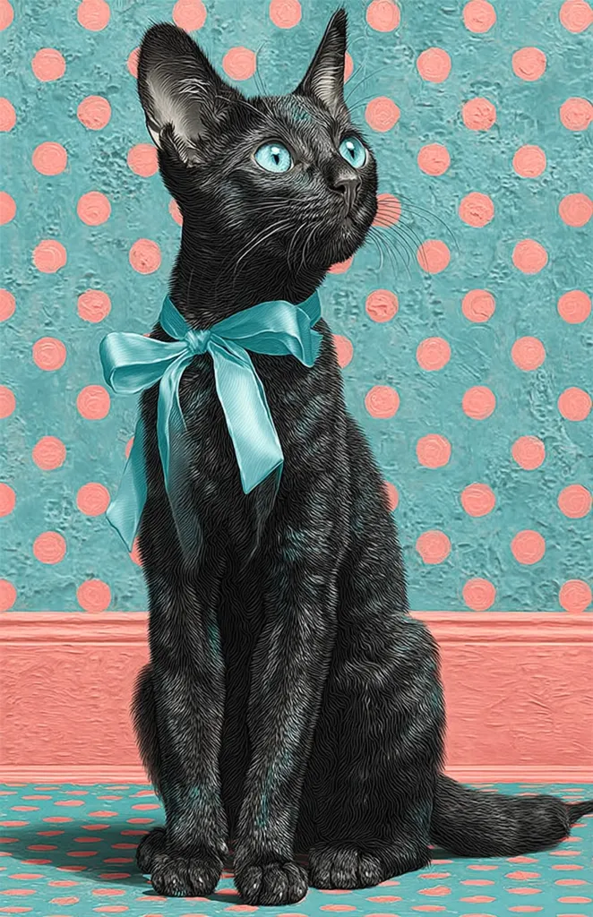 A black cat with striking blue eyes sits against a teal polka-dot background.  It wears a light teal bow tie, adding a touch of elegance. The cat's fur is meticulously detailed, and its pose is graceful and attentive. The overall style is reminiscent of vintage illustrations, creating a sophisticated and charming image.