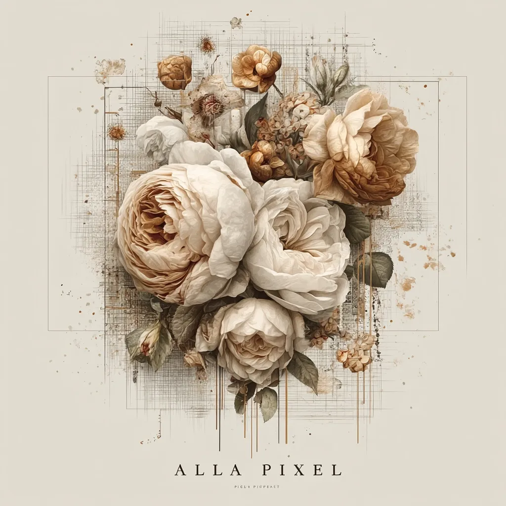 A digital art piece features a lush bouquet of creamy, beige roses and smaller blossoms.  The floral arrangement is rendered with exquisite detail, appearing almost photorealistic.  The background is a textured, muted beige with overlaid grid lines and paint splatters, creating a layered and artistic effect.  The artist's signature, "ALLA PIXEL," is subtly placed at the bottom.