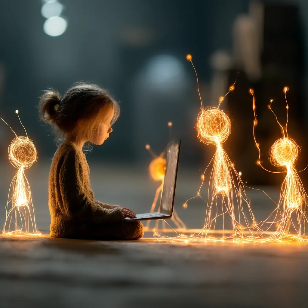 A young girl sits cross-legged on the floor, intently using a laptop.  Surrounding her are luminous, ethereal figures resembling stylized humans, their forms created from glowing, sparkling lines of light. The scene is dimly lit, creating a magical, otherworldly atmosphere. The image suggests a connection between the girl and these digital or fantastical beings.
