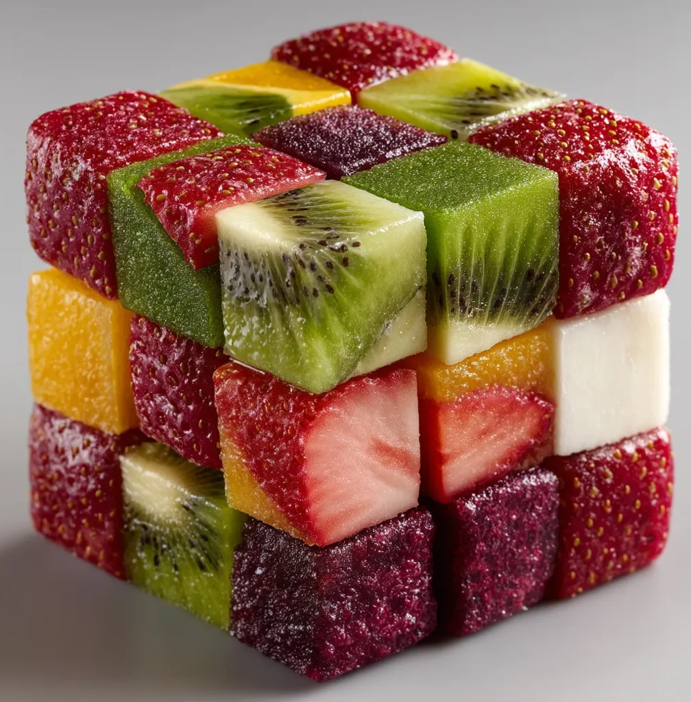 A cube-shaped arrangement of fruit pieces, resembling a Rubik's Cube.  Each small cube is a different fruit: strawberries, kiwi, and mango are clearly visible, possibly with other fruits included. The fruits appear fresh and are neatly cut into uniform, square pieces.  A light dusting of sugar or ice crystals is visible on the surface of the fruit. The overall effect is vibrant and visually appealing.
