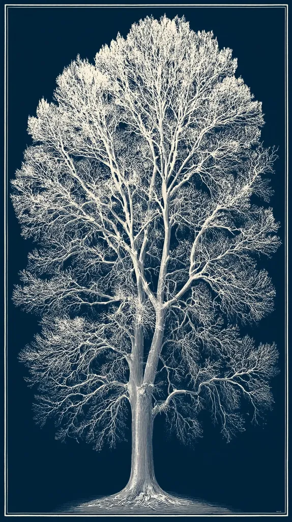 A detailed, white-on-navy blue illustration showcases a majestic tree, its intricate branches and trunk meticulously rendered.  The style suggests a botanical print or etching, emphasizing the tree's structure and form. The bare branches suggest winter or a stark landscape, creating a feeling of serene simplicity. The dark background enhances the tree's delicate lines and overall design.