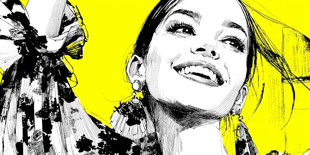 A stylized black and white illustration of a woman's face, set against a vibrant yellow background.  Her expression is joyful, her hair flows dynamically, and she wears large, ornate earrings.  The clothing is depicted with bold, expressive brushstrokes, showcasing a black and white floral pattern. The overall style is bold and graphic, with a focus on energetic lines and contrast.