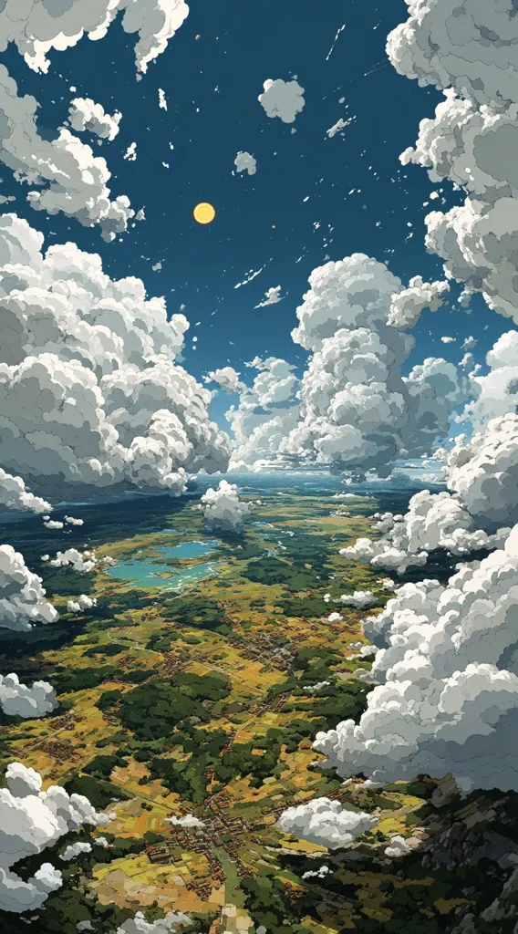 A vibrant digital painting depicts a bird's-eye view of a picturesque landscape.  Lush green fields and a small town are nestled below a sky filled with fluffy white clouds. A bright yellow sun shines in the predominantly blue sky, creating a cheerful and idyllic scene. The style is reminiscent of fantasy art, with a focus on bright colors and detailed clouds.