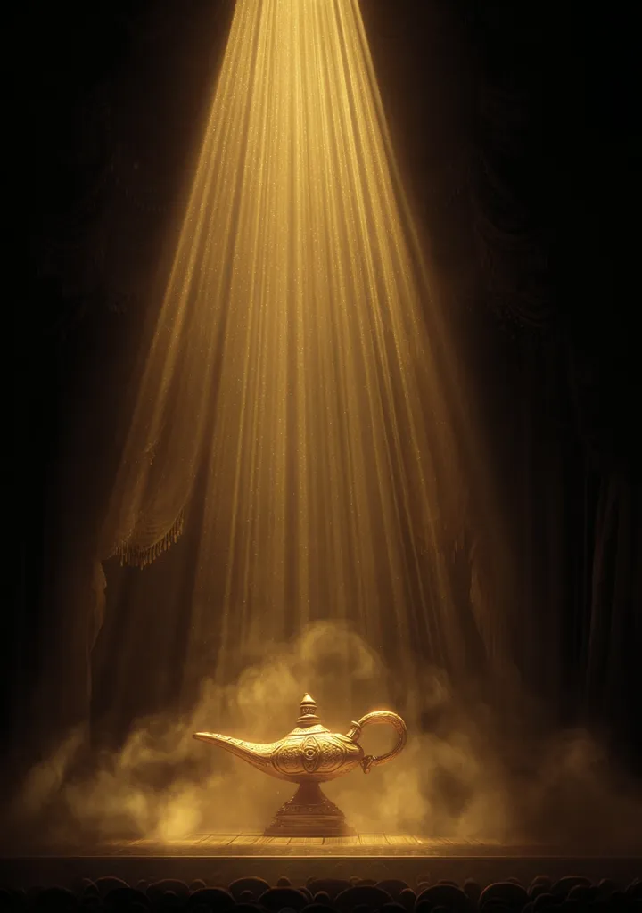 A golden genie lamp sits center stage, bathed in a spotlight's warm glow.  Smoke gently rises around the ornate lamp, adding to the mystical atmosphere. Dark, heavy curtains frame the scene, enhancing the dramatic effect.  The image evokes a sense of wonder and anticipation, reminiscent of classic storytelling.