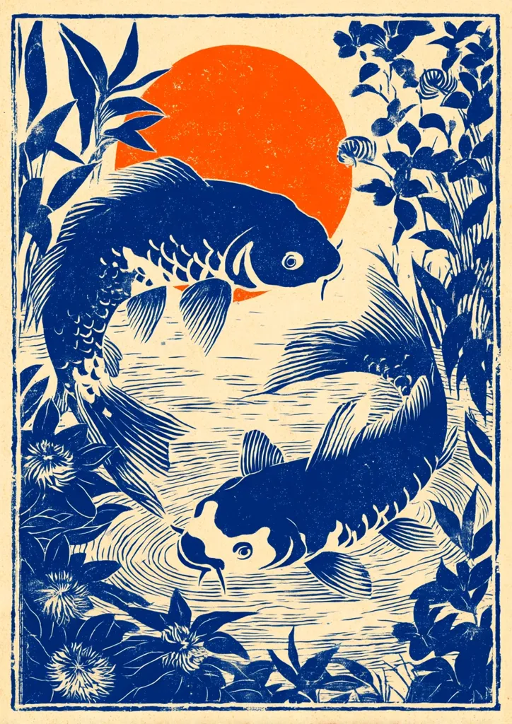 A linocut print depicts two koi fish swimming gracefully in a pond.  The fish are rendered in deep blue against a cream background, with detailed scales and fins.  Lush aquatic plants surround them, and a large orange sun is visible in the upper right. The style is reminiscent of traditional Japanese woodblock prints, with bold lines and contrasting colors creating a serene yet dynamic image.
